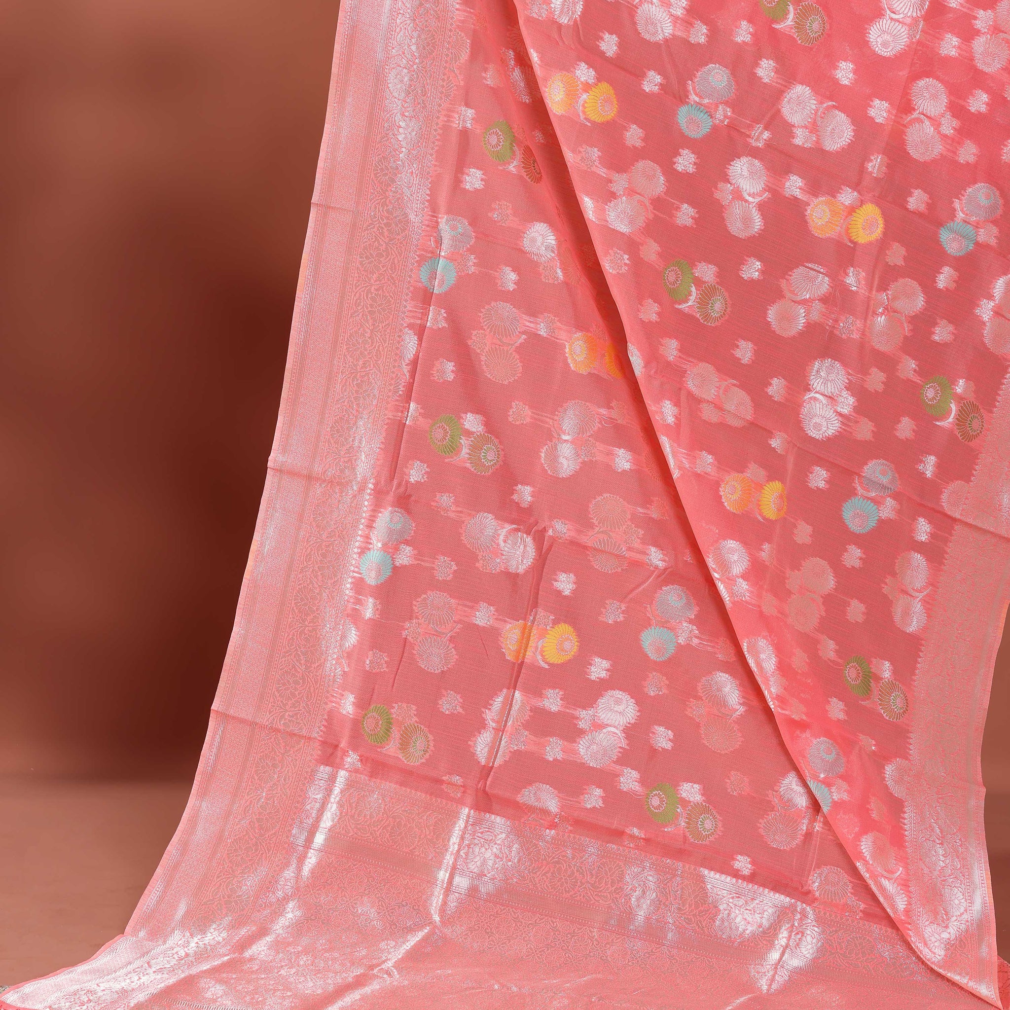 Floral Woven Rainbow Cotton Saree with Subtle Zari Accents - Peach