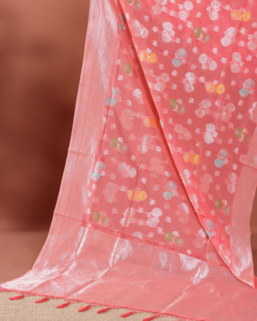 Floral Woven Rainbow Cotton Saree with Subtle Zari Accents - Peach
