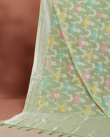 Traditional Woven Rainbow Cotton Saree with Subtle Zari Accents - Green