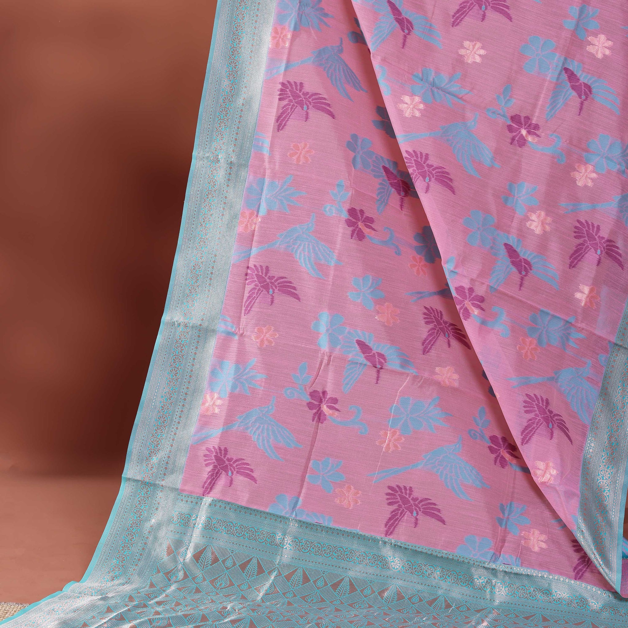 Floral Woven Rainbow Cotton Saree with Subtle Zari Accents - Pink