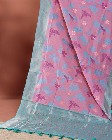 Floral Woven Rainbow Cotton Saree with Subtle Zari Accents - Pink