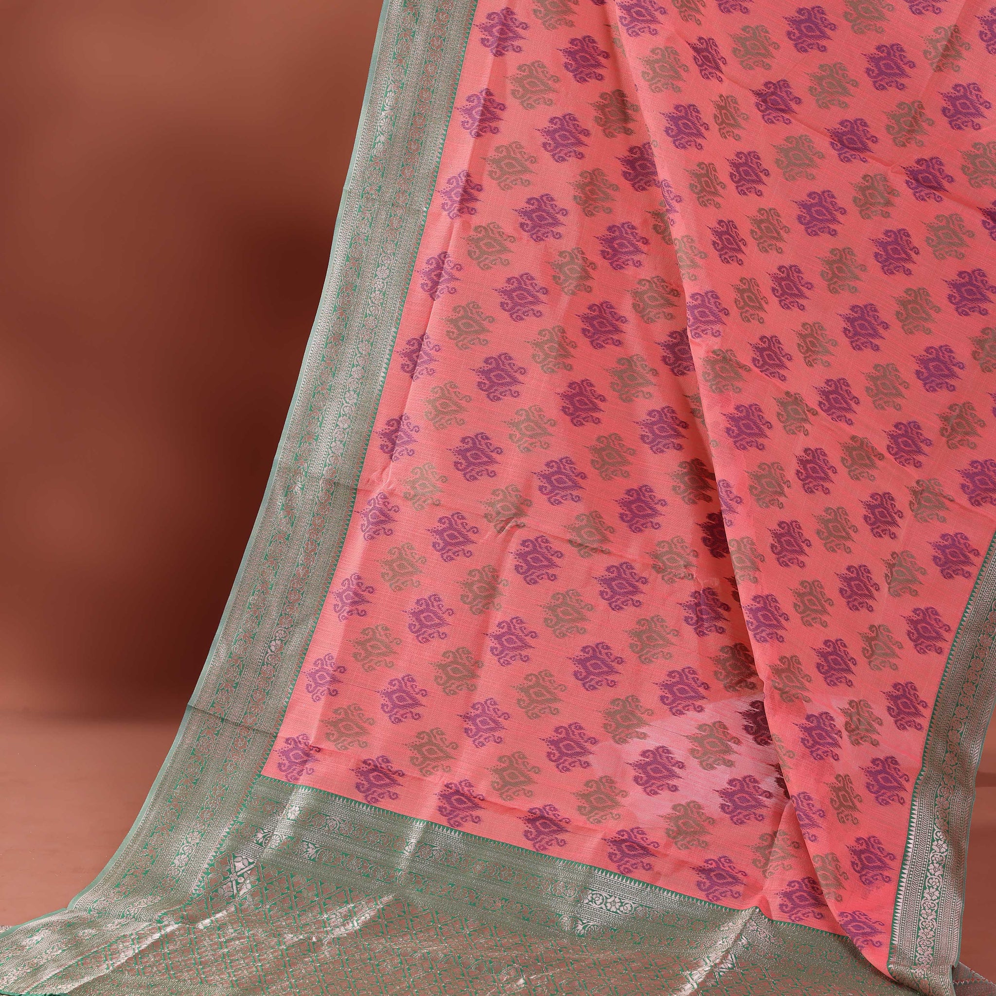 Traditional Woven Rainbow Cotton Saree with Subtle Zari Accents - Peach