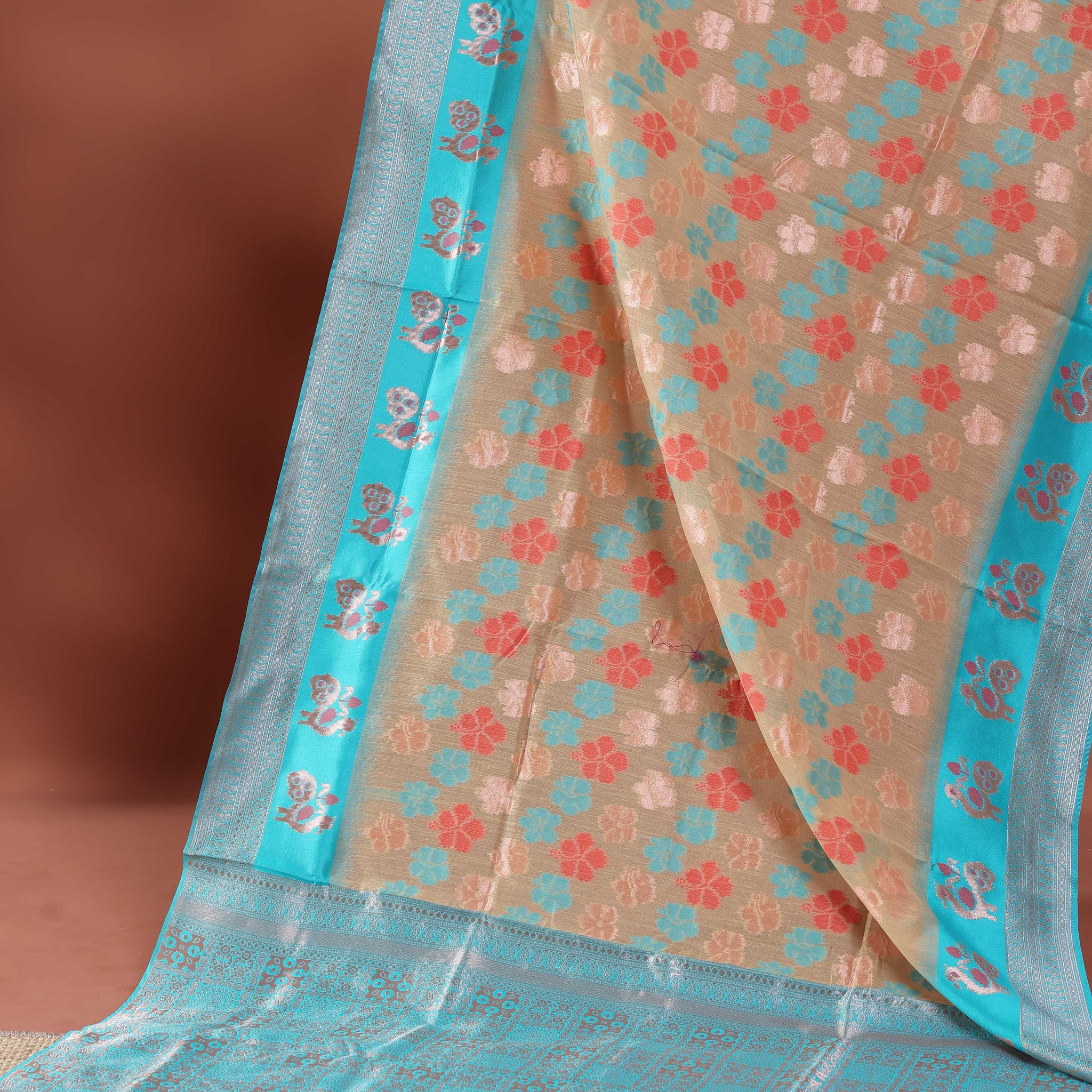 Floral Woven Rainbow Cotton Saree with Subtle Zari Accents - Brown