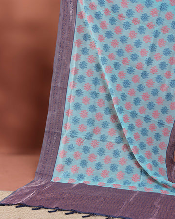 Traditional Woven Rainbow Cotton Saree with Subtle Zari Accents - Blue