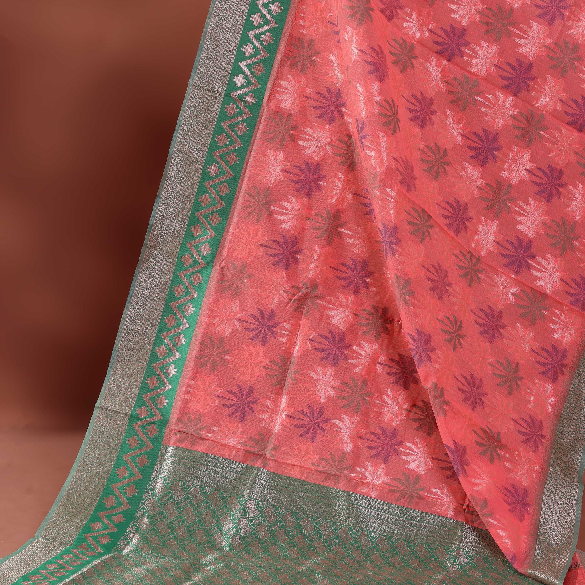 Floral Woven Rainbow Cotton Saree with Subtle Zari Accents - Peach