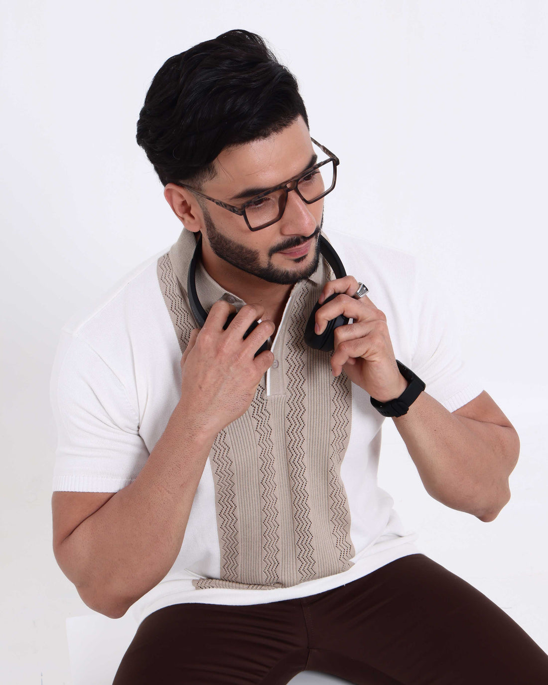 Men's Knitted Nativebull T-Shirt with Textured Vertical Stripe Panel  - White