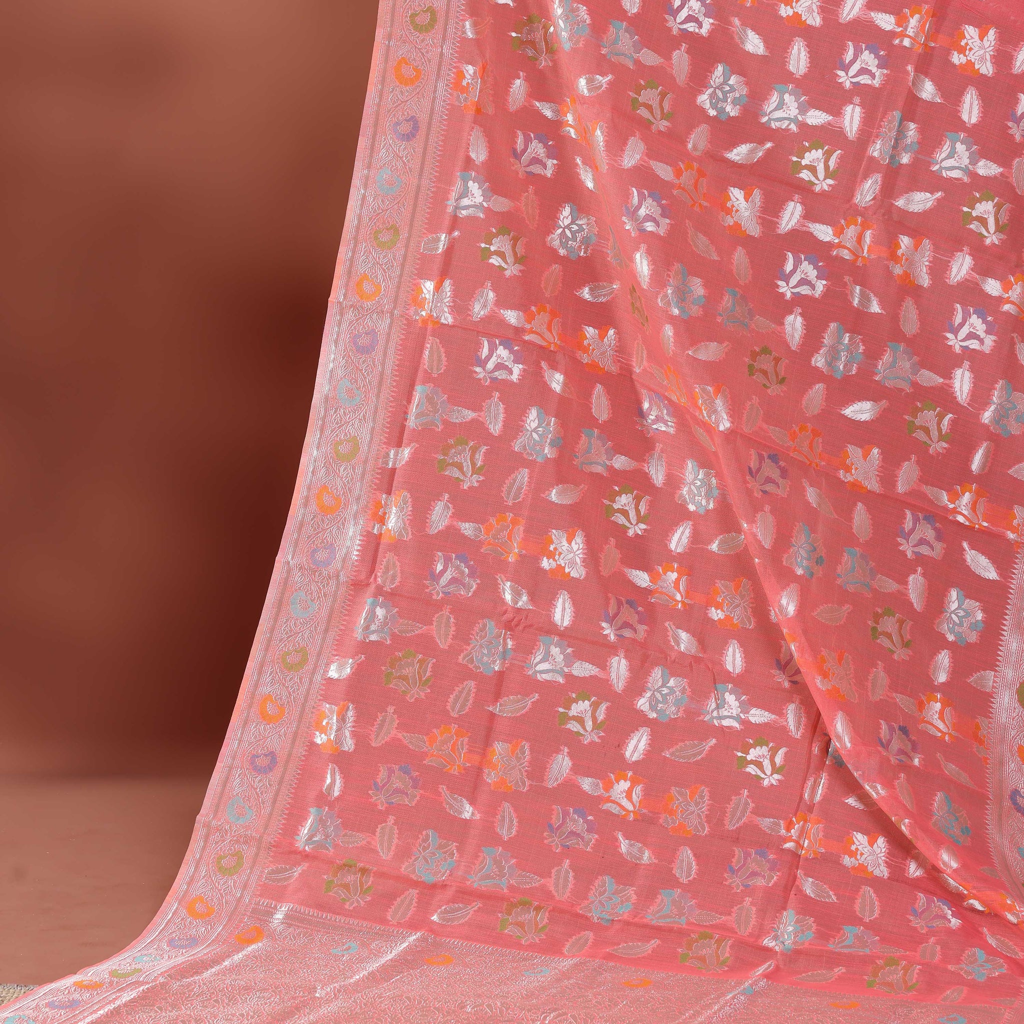 Floral Woven Rainbow Cotton Saree with Subtle Zari Accents - Peach
