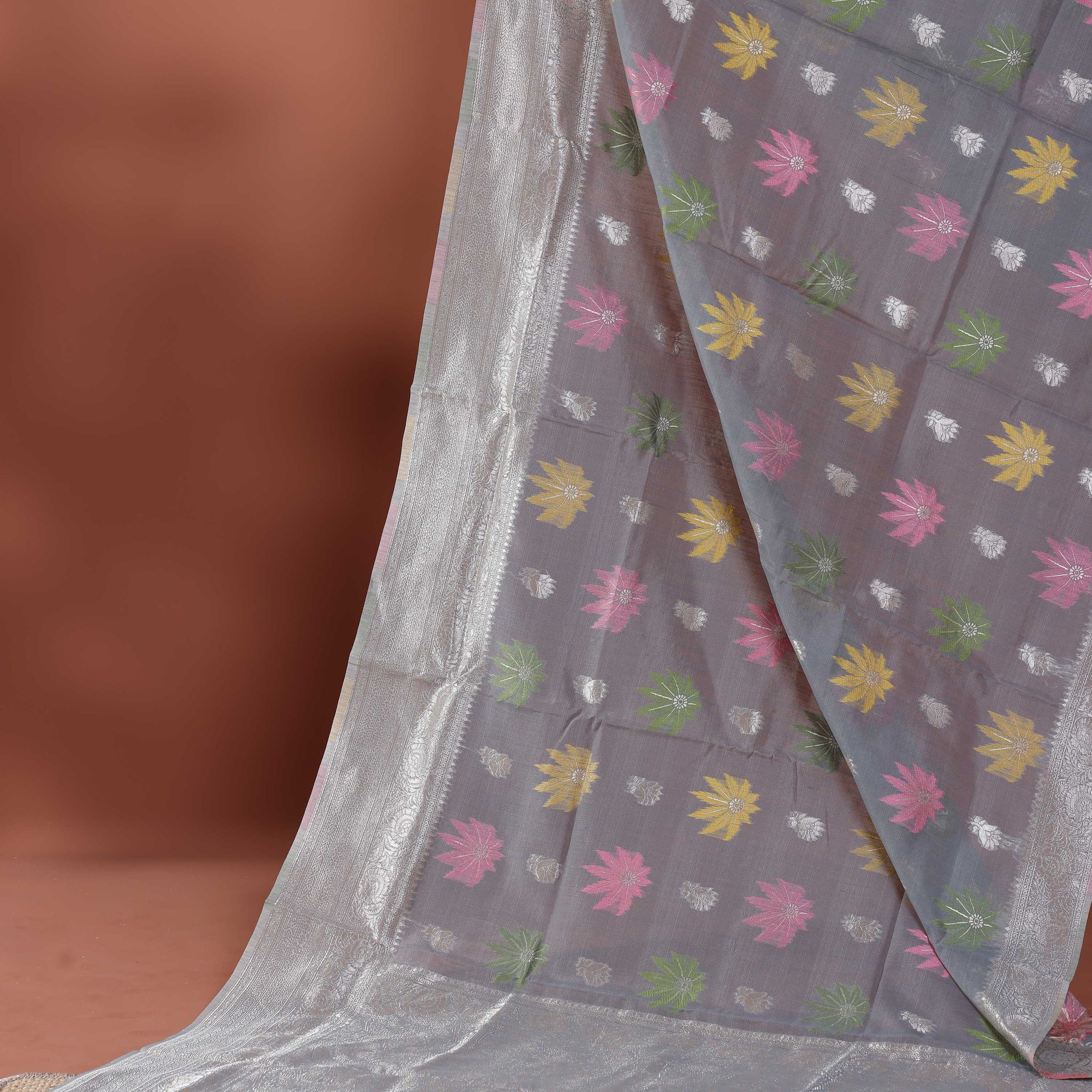 Floral Woven Rainbow Cotton Saree with Subtle Zari Accents - Grey
