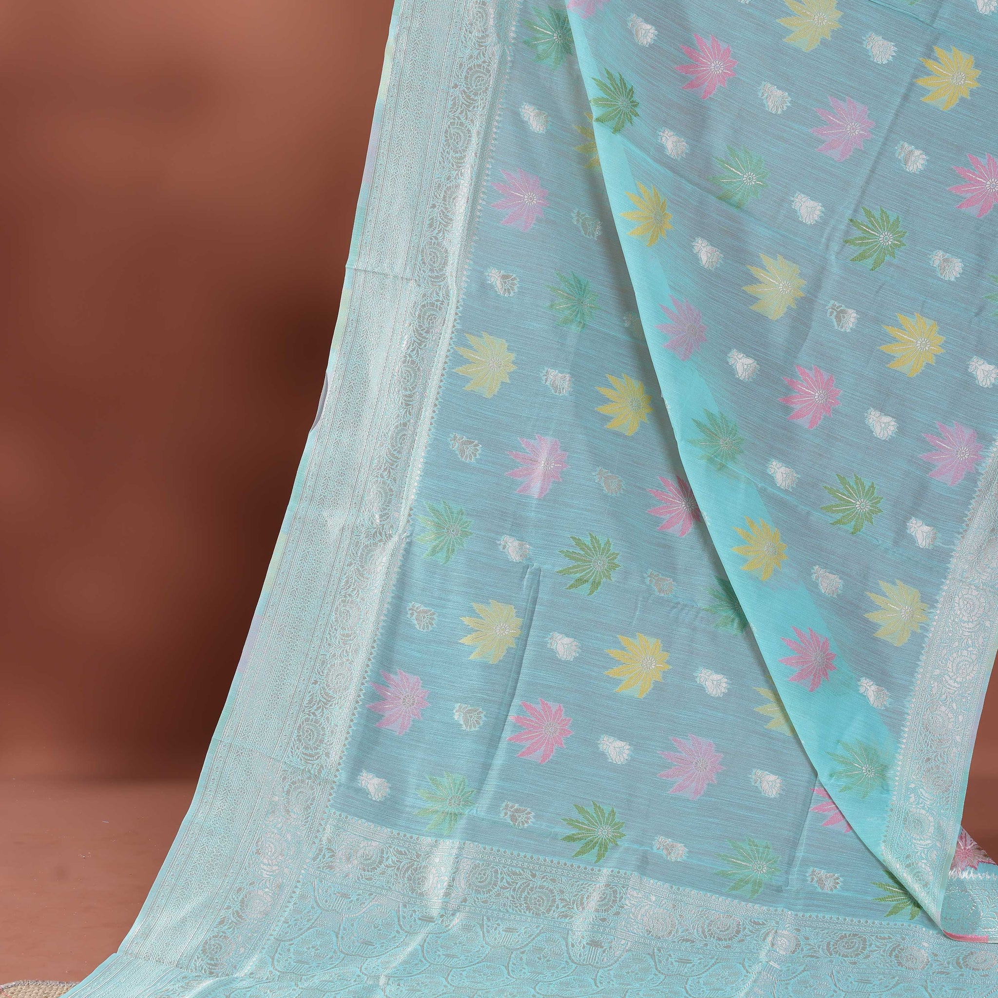 Floral Woven Rainbow Cotton Saree with Subtle Zari Accents - Blue