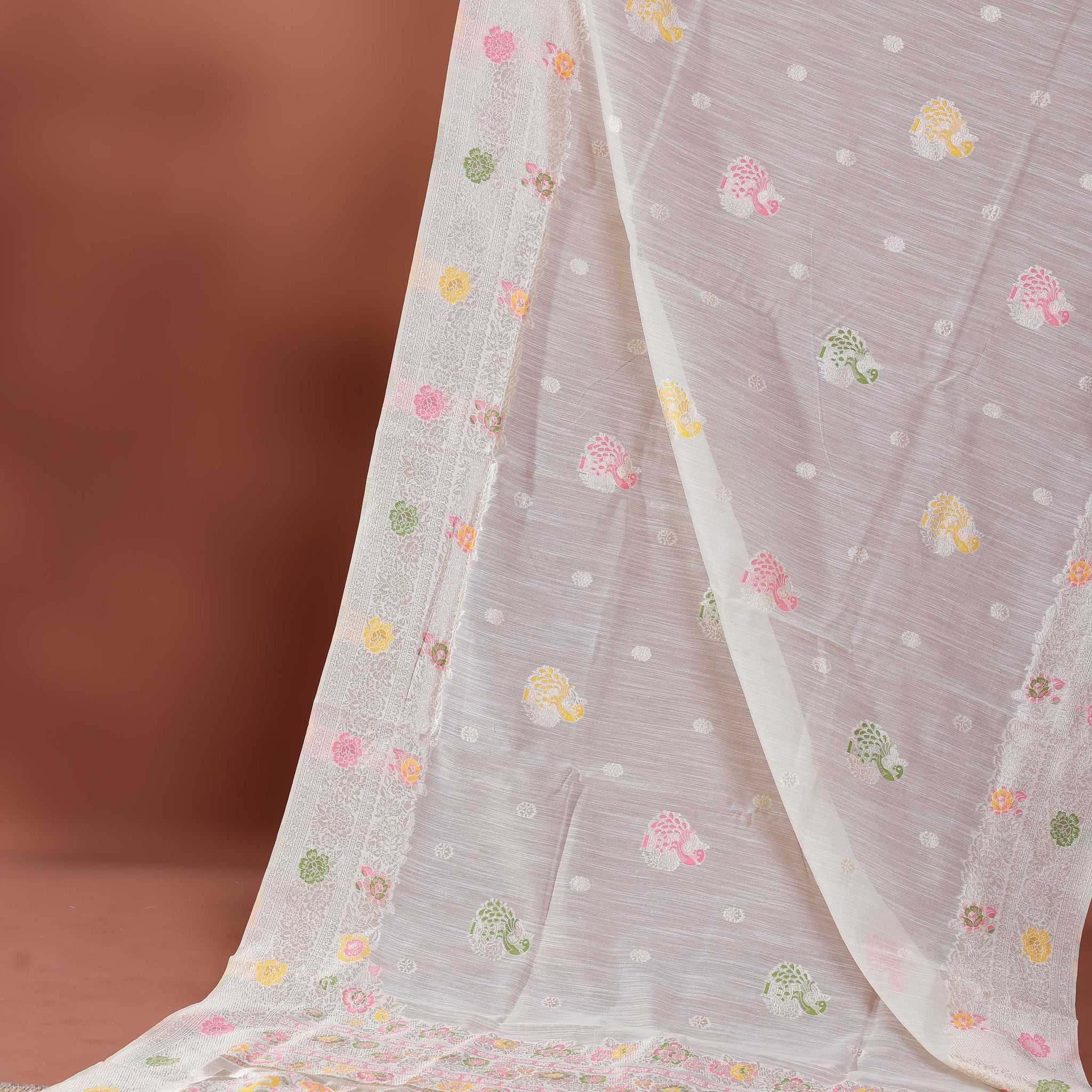 Floral Woven Rainbow Cotton Saree with Subtle Zari Accents - Cream