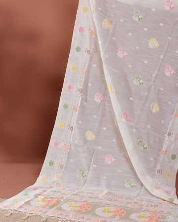 Floral Woven Rainbow Cotton Saree with Subtle Zari Accents - Cream