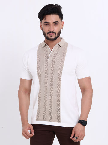 Men's Knitted Nativebull T-Shirt with Textured Vertical Stripe Panel  - White
