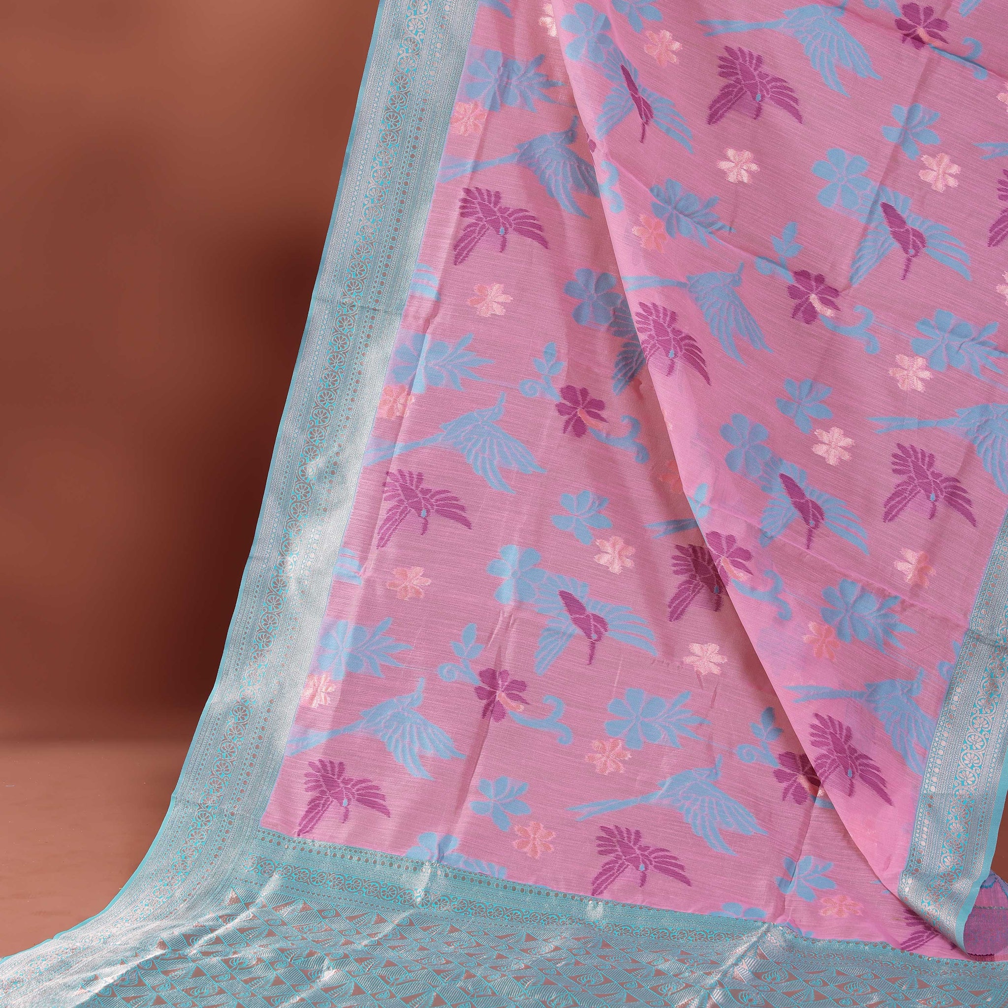 Floral Woven Rainbow Cotton Saree with Subtle Zari Accents - Pink