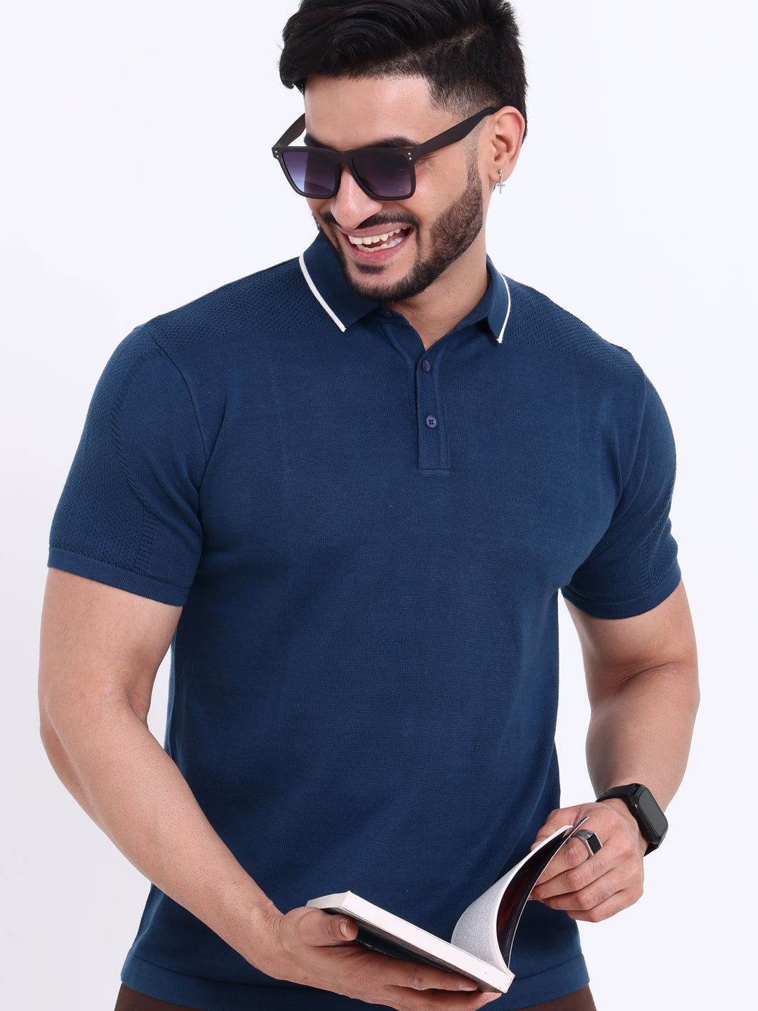 Men's Knit Nativebull T-Shirt with Contrast Tipped Collar and Half Sleeves - Navy Blue