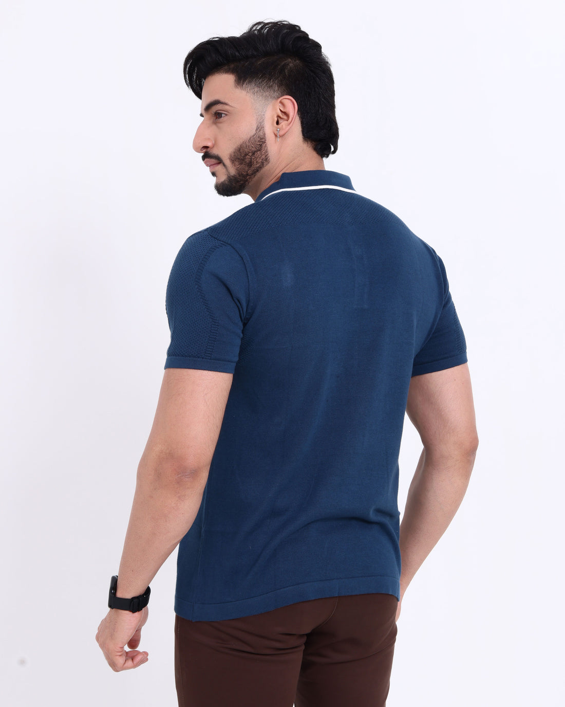 Men's Knit Nativebull T-Shirt with Contrast Tipped Collar and Half Sleeves - Navy Blue