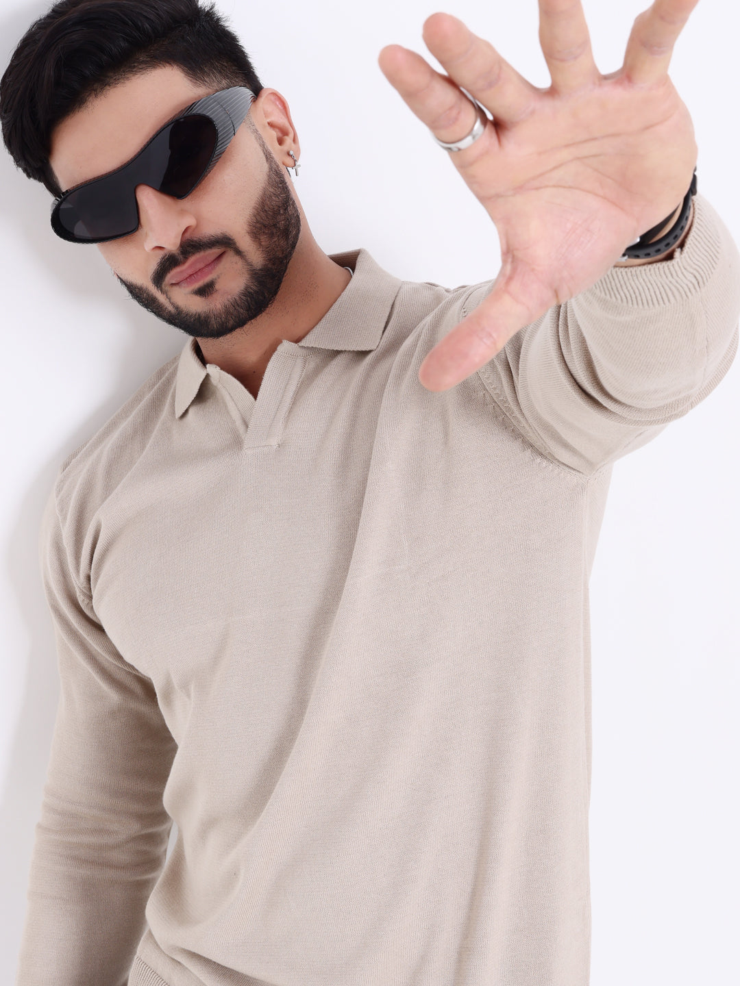 Men's Solid Nativebull Collar Neck Long Sleeve Sweatshirt  - Grey