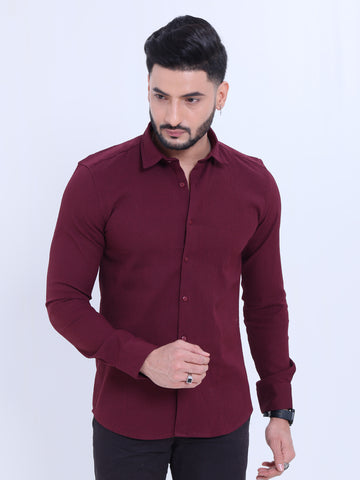 Nativebull Men's Self-Design Slim Fit Casual Shirt with Spread Collar and Full Sleeves - Maroon