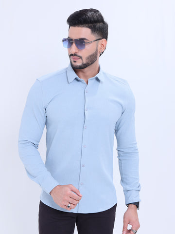 Nativebull Men's Slim Fit Textured Casual Shirt with Spread Collar and Full Sleeves  - Blue