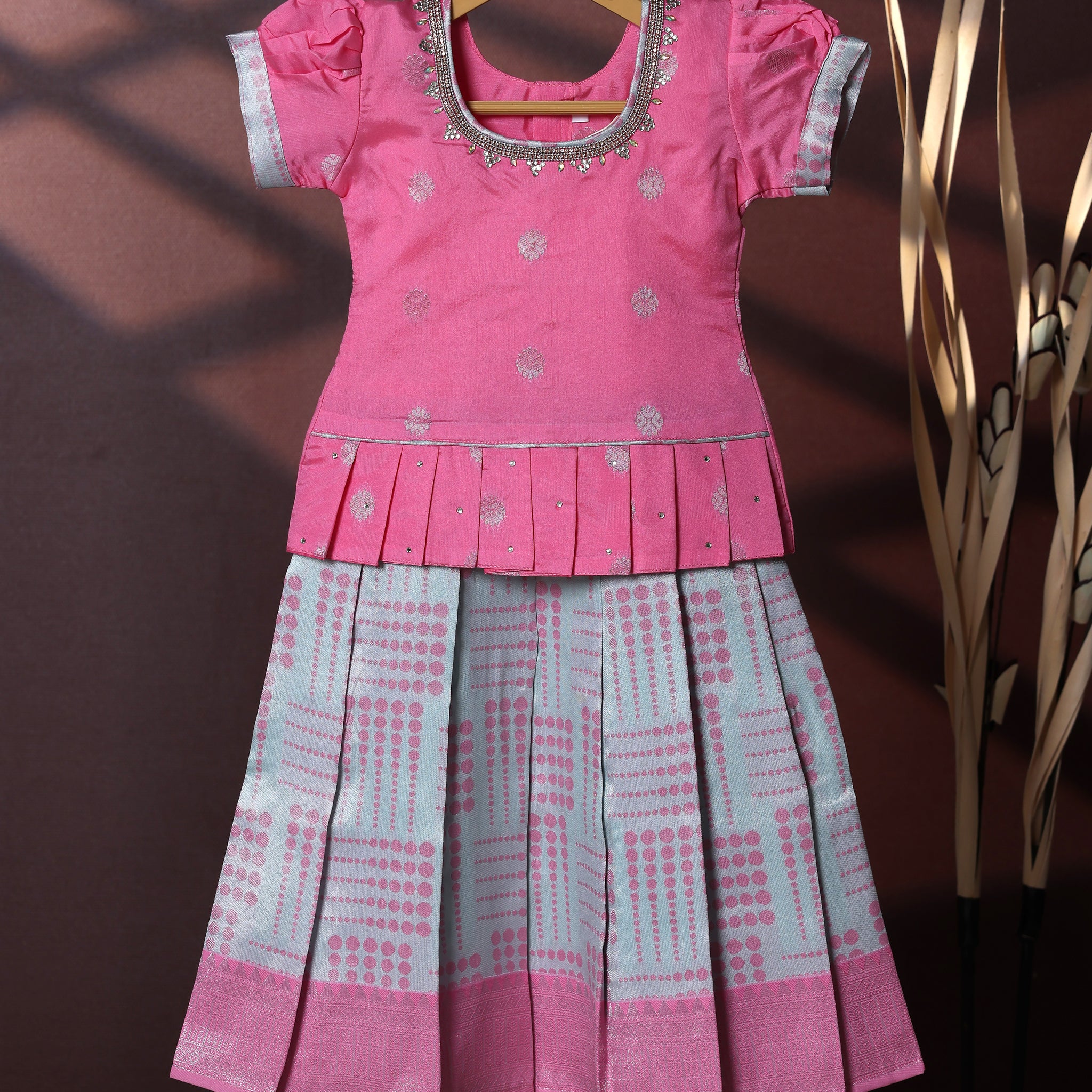 Traditional Pattu Pavadai Set With Zari Woven Skirt And Embroidered Blouse- Pink