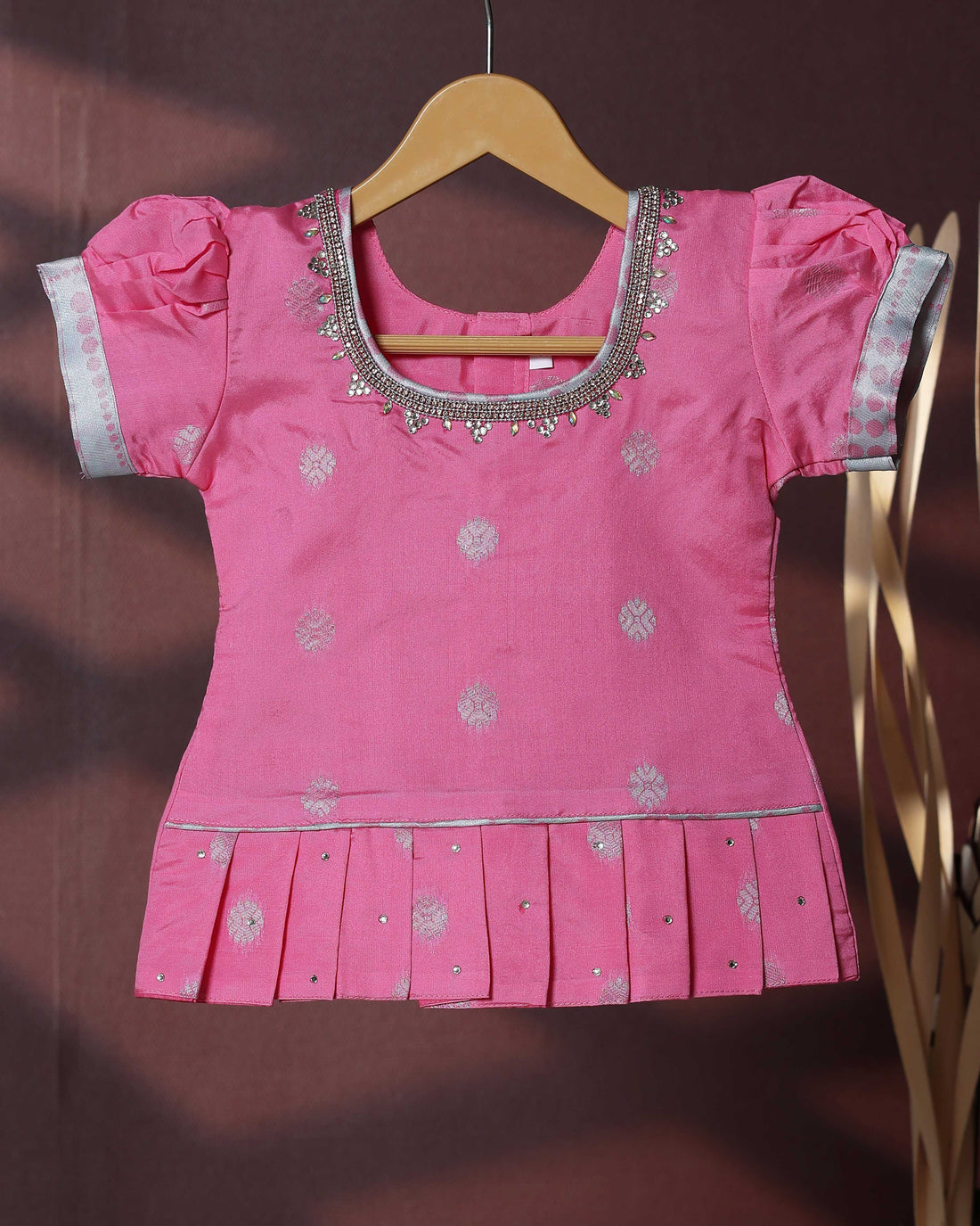 Traditional Pattu Pavadai Set With Zari Woven Skirt And Embroidered Blouse- Pink