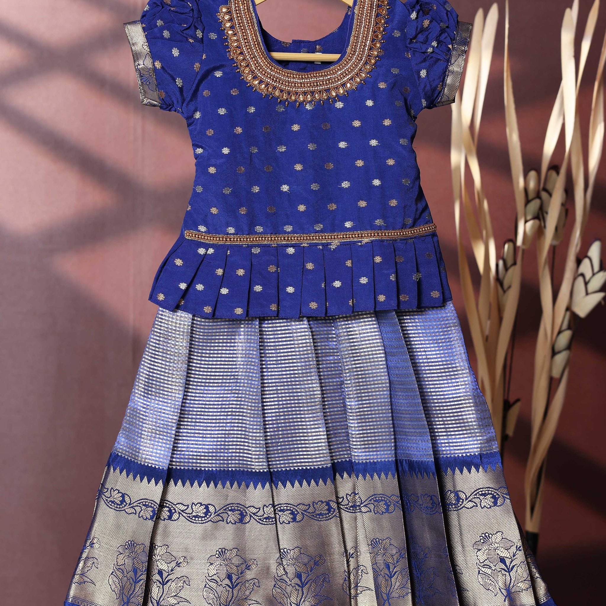 Traditional Pattu Pavadai Set With Zari Woven Skirt And Embroidered Blouse- Blue