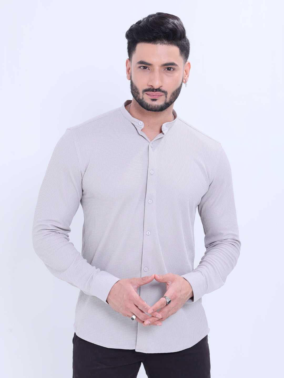 Nativebull Men's Textured Mandarin Collar Full Sleeve Casual Shirt - Grey