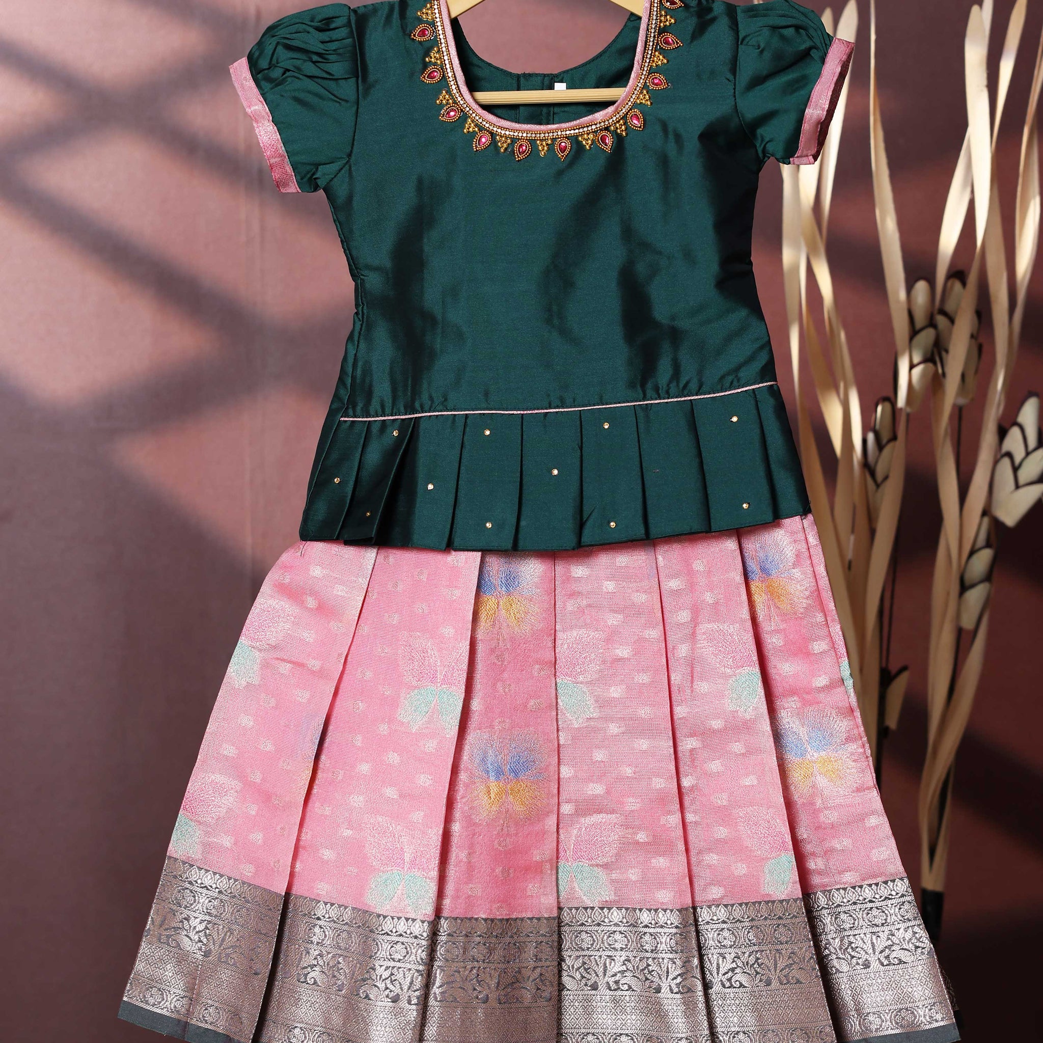Traditional Pattu Pavadai Set With Zari Woven Skirt And Embroidered Blouse -  Green
