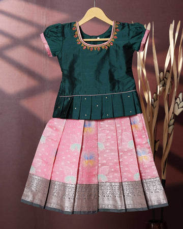 Traditional Pattu Pavadai Set With Zari Woven Skirt And Embroidered Blouse -  Green