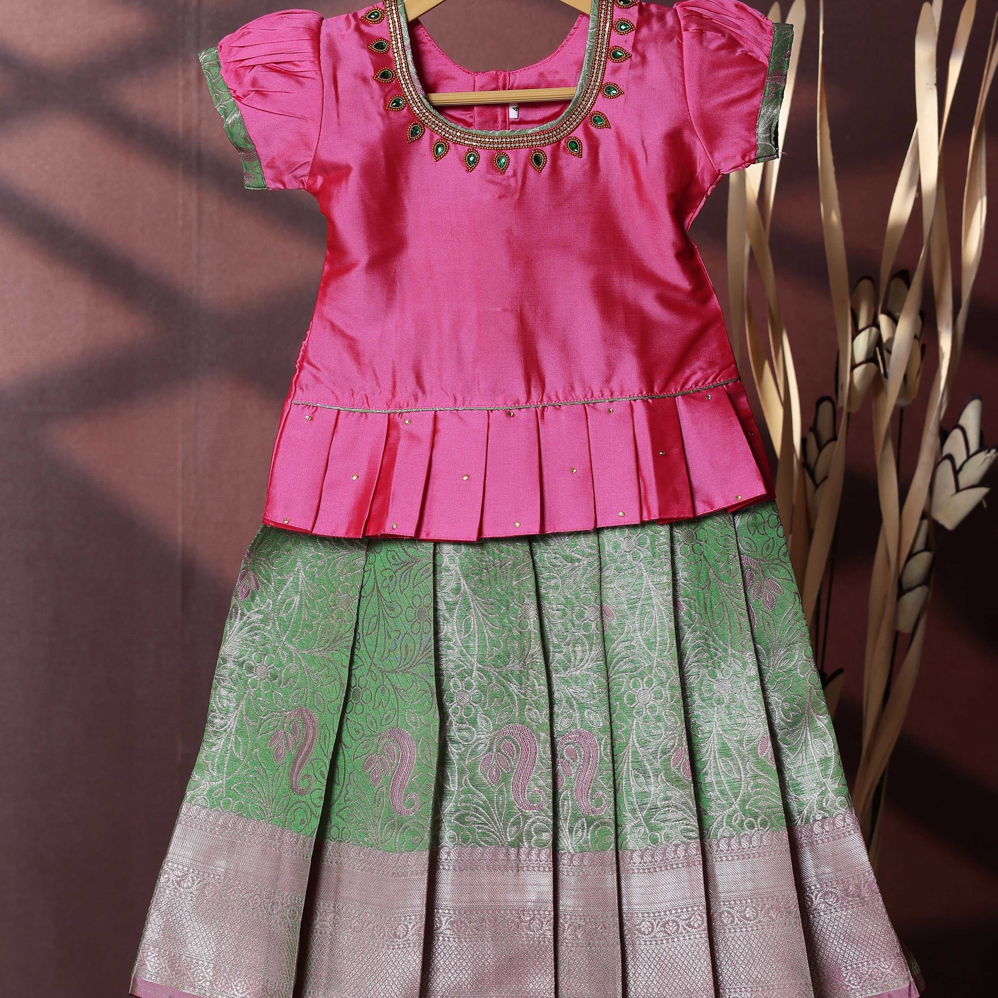 Traditional Pattu Pavadai Set With Zari Woven Skirt And Embroidered Blouse- Pink
