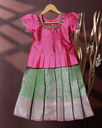 Traditional Pattu Pavadai Set With Zari Woven Skirt And Embroidered Blouse- Pink