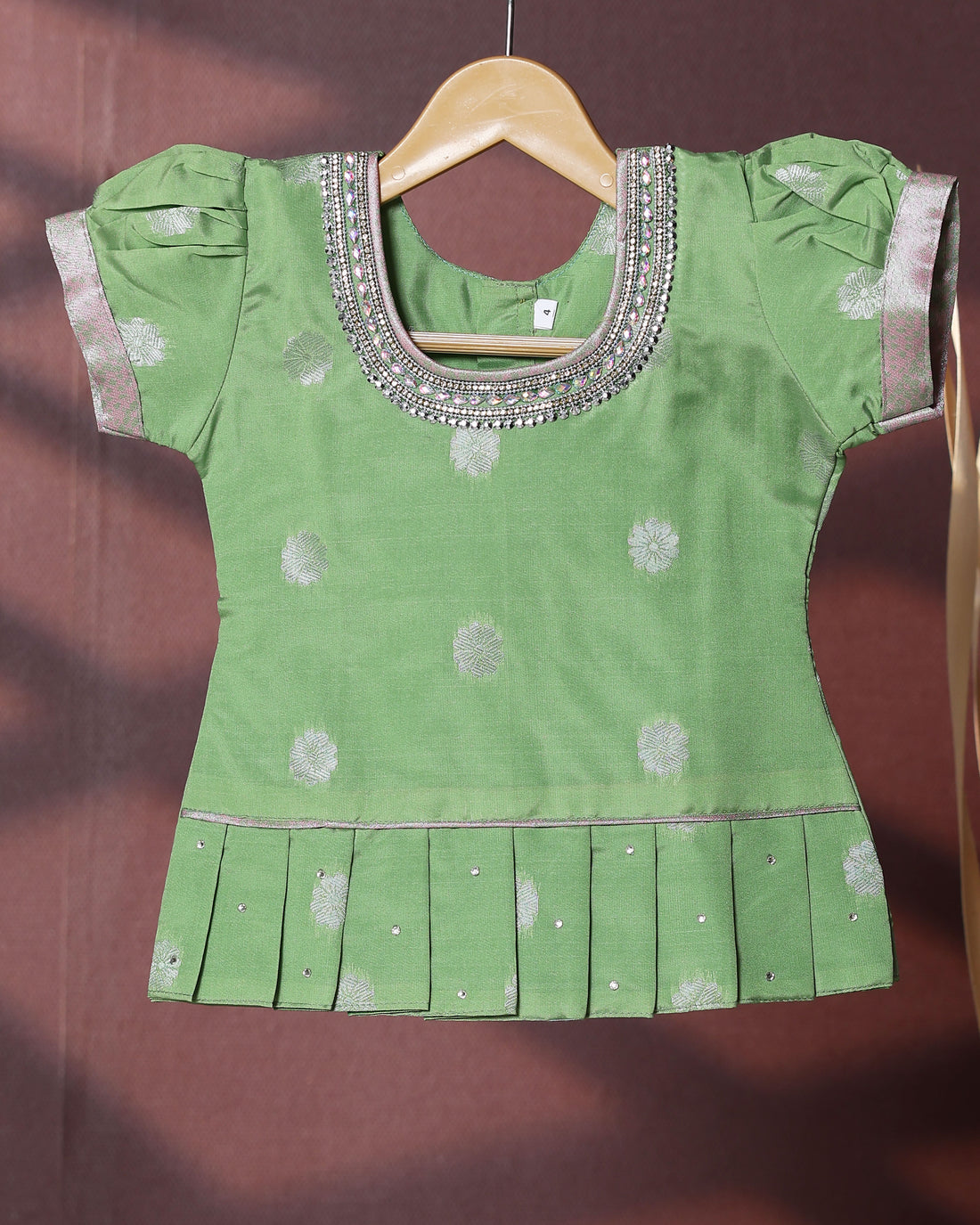 Traditional Pattu Pavadai Set With Zari Woven Skirt And Embroidered Blouse- Green