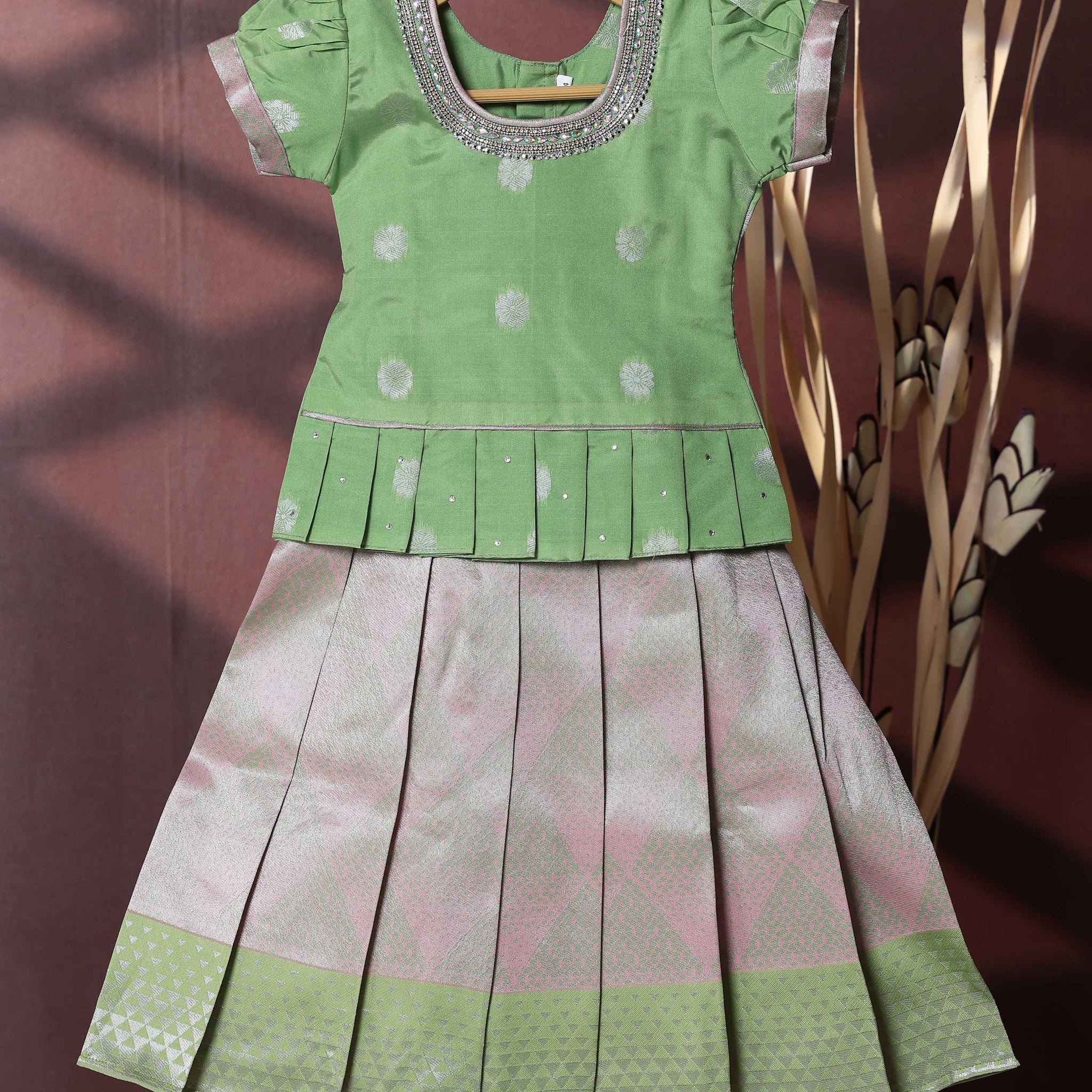 Traditional Pattu Pavadai Set With Zari Woven Skirt And Embroidered Blouse- Green