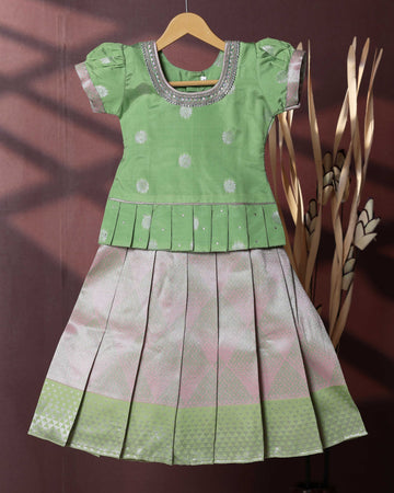 Traditional Pattu Pavadai Set With Zari Woven Skirt And Embroidered Blouse- Green