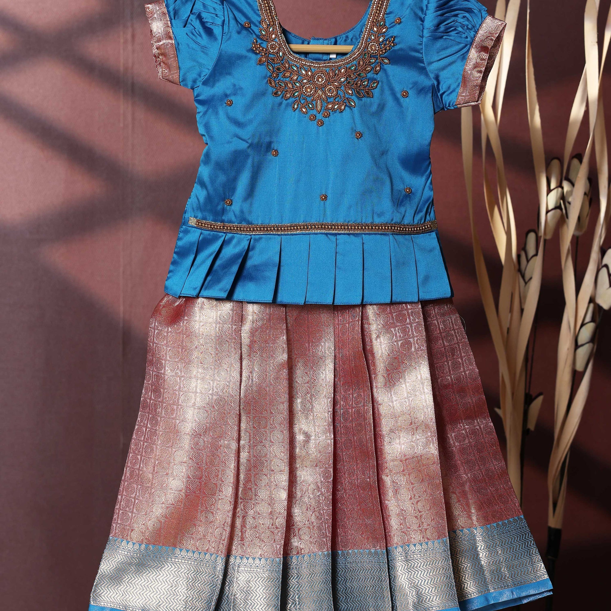 Traditional Pattu Pavadai Set With Zari Woven Skirt And Embroidered Blouse - Blue