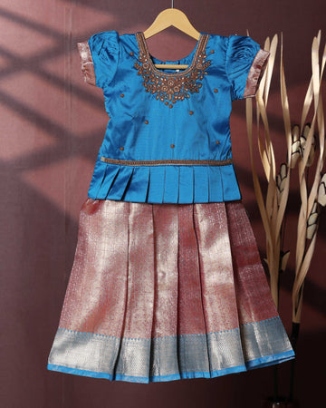 Traditional Pattu Pavadai Set With Zari Woven Skirt And Embroidered Blouse - Blue
