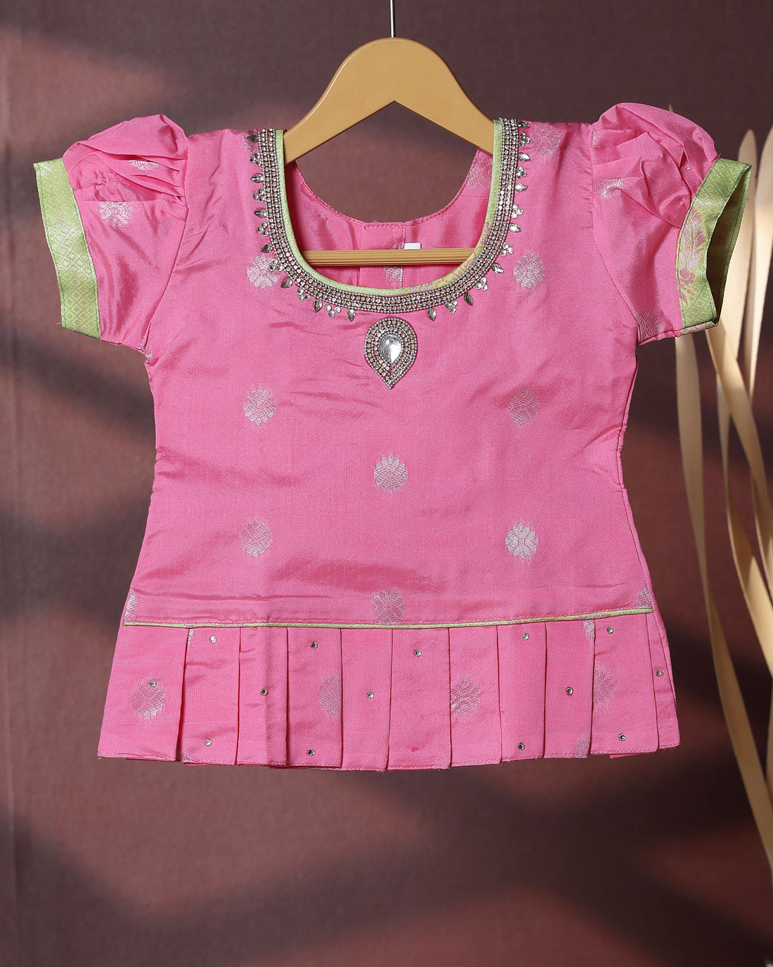 Traditional Pattu Pavadai Set With Zari Woven Skirt And Embroidered Blouse- Pink