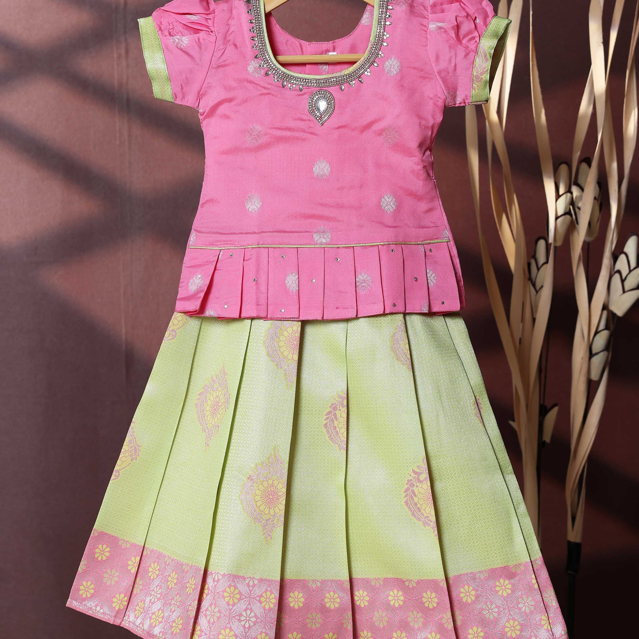 Traditional Pattu Pavadai Set With Zari Woven Skirt And Embroidered Blouse- Pink