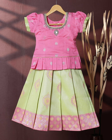 Traditional Pattu Pavadai Set With Zari Woven Skirt And Embroidered Blouse- Pink