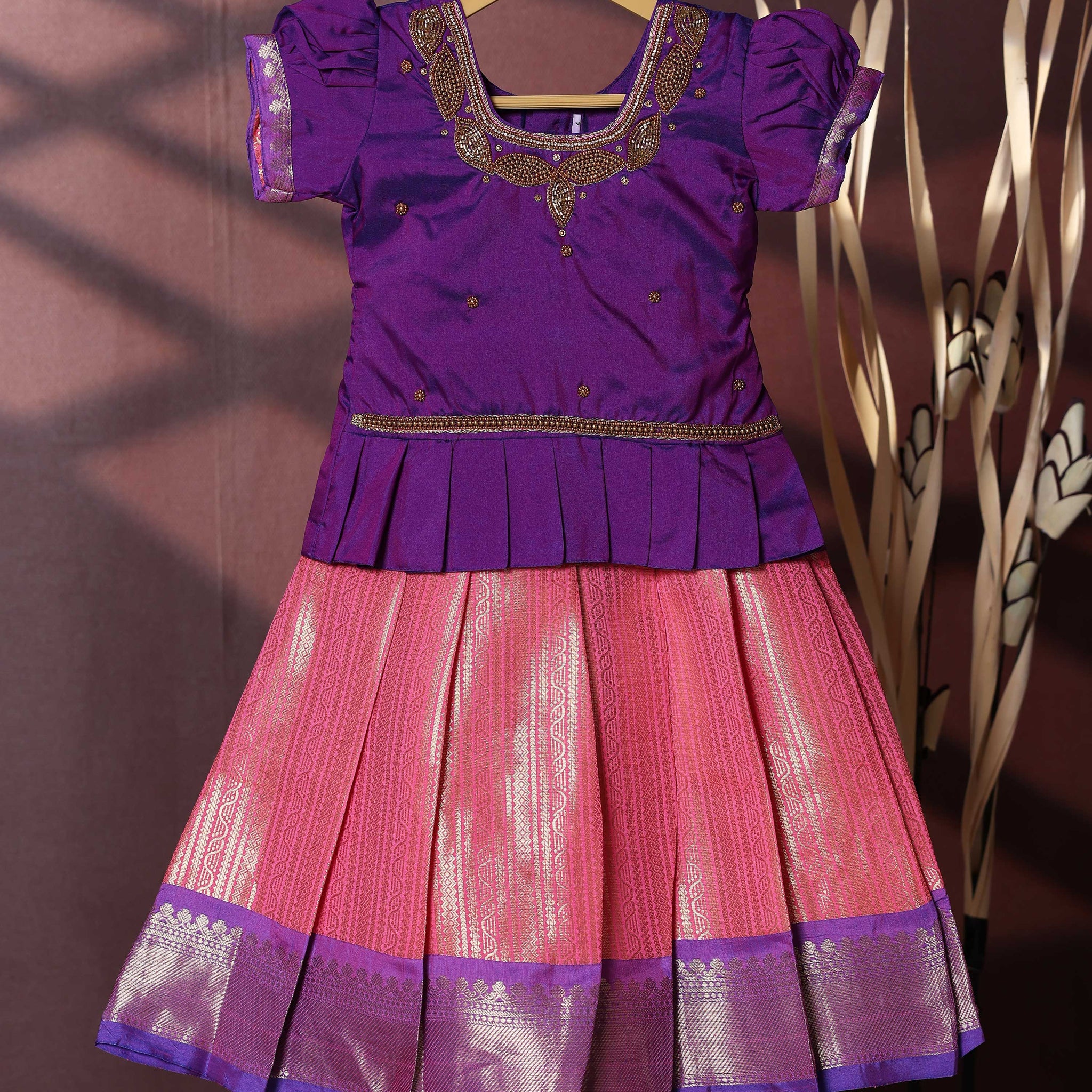Traditional Pattu Pavadai Set With Zari Woven Skirt And Embroidered Blouse-  Purple
