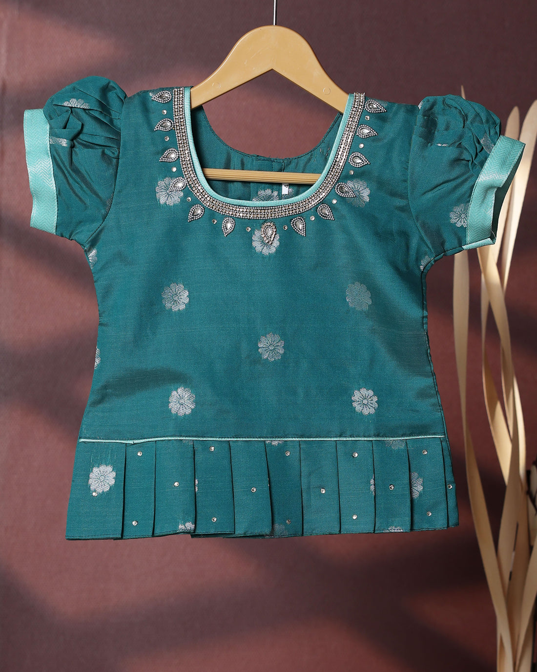 Traditional Pattu Pavadai Set With Zari Woven Skirt And Embroidered Blouse - Teal