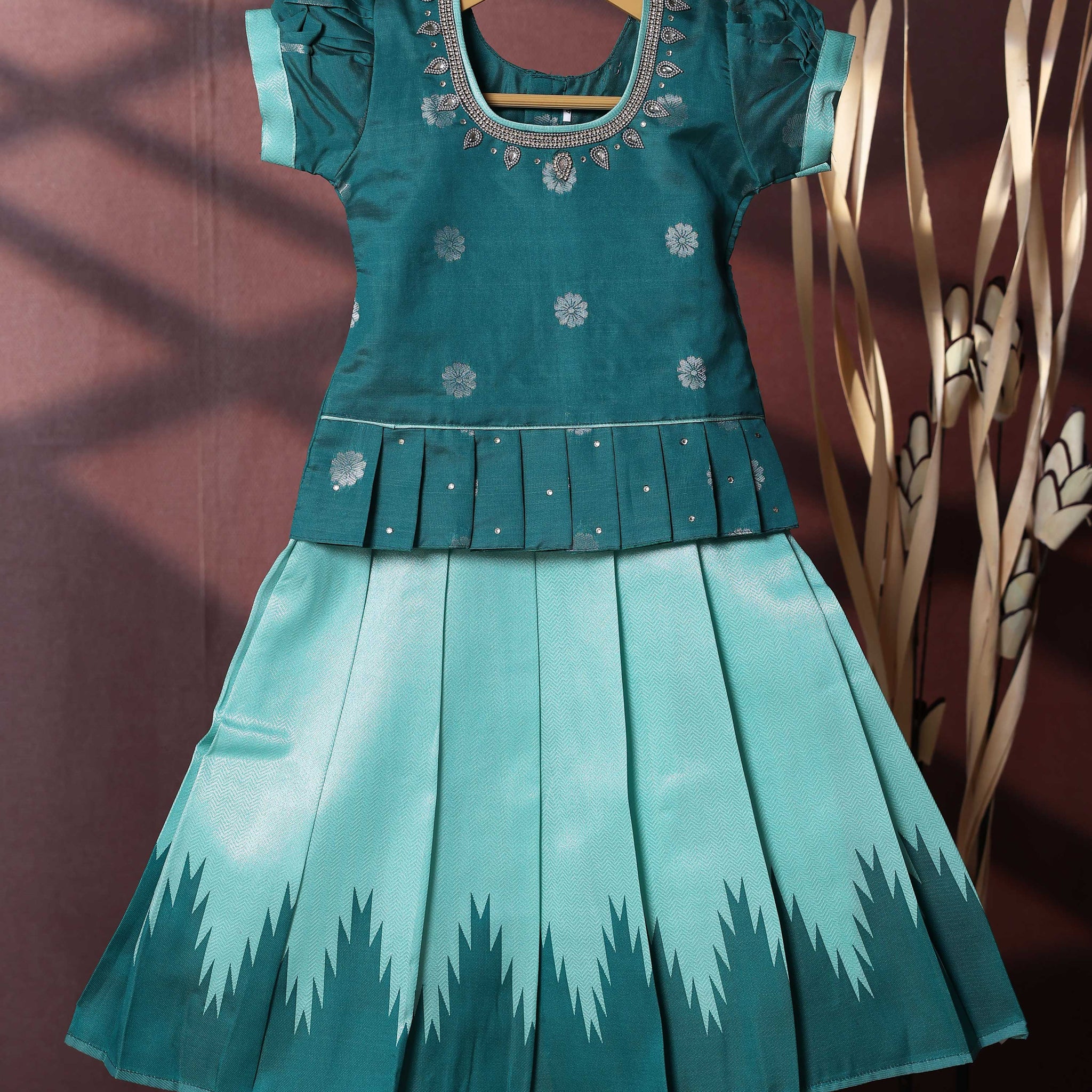 Traditional Pattu Pavadai Set With Zari Woven Skirt And Embroidered Blouse - Teal