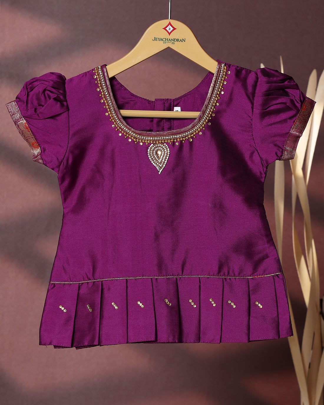 Traditional Pattu Pavadai Set With Zari Woven Skirt And Embroidered Blouse- Purple