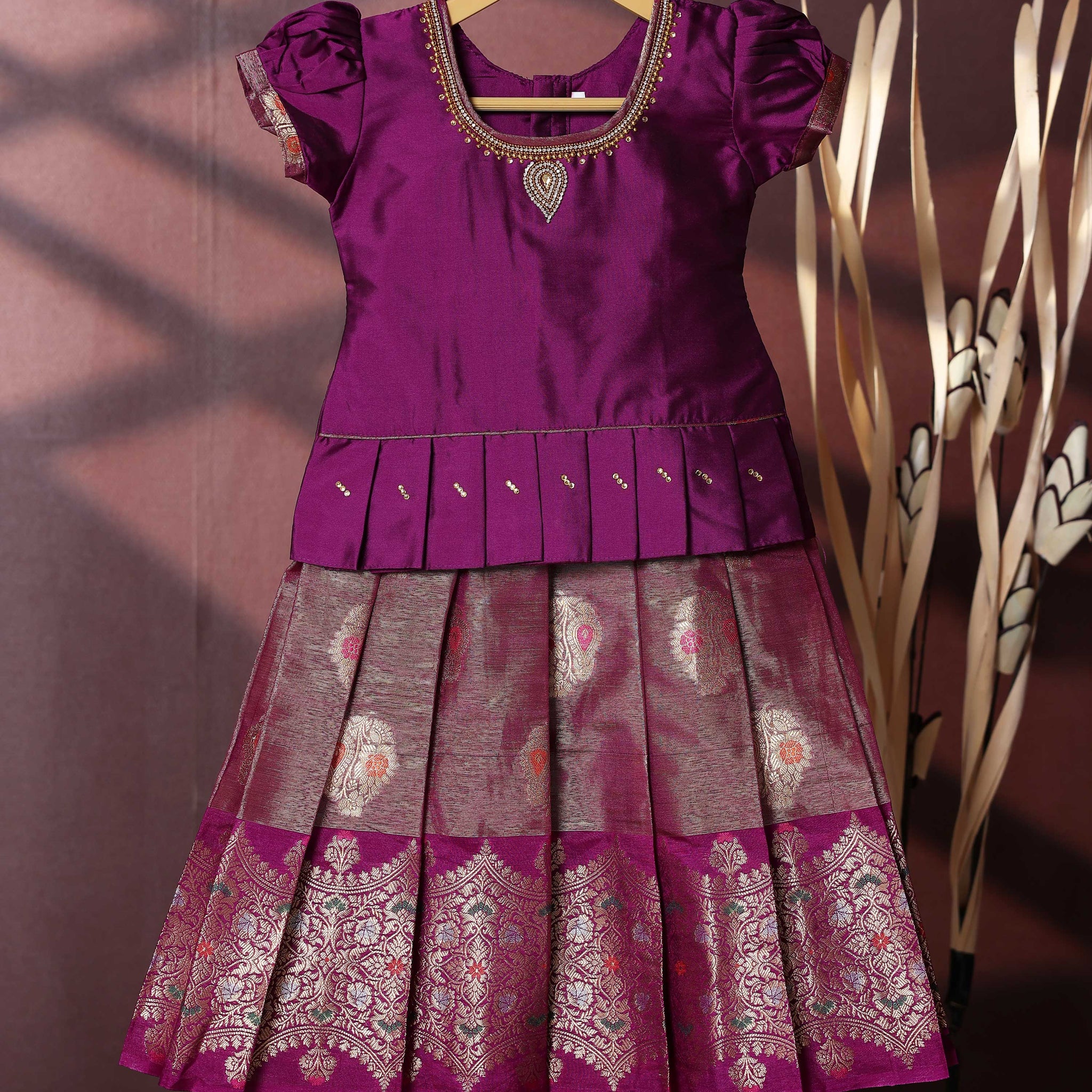 Traditional Pattu Pavadai Set With Zari Woven Skirt And Embroidered Blouse- Purple