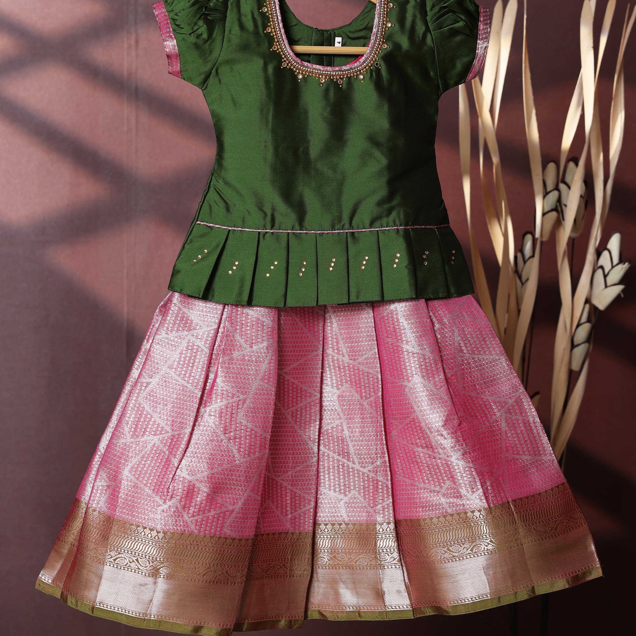 Traditional Pattu Pavadai Set With Zari Woven Skirt And Embroidered Blouse- Green
