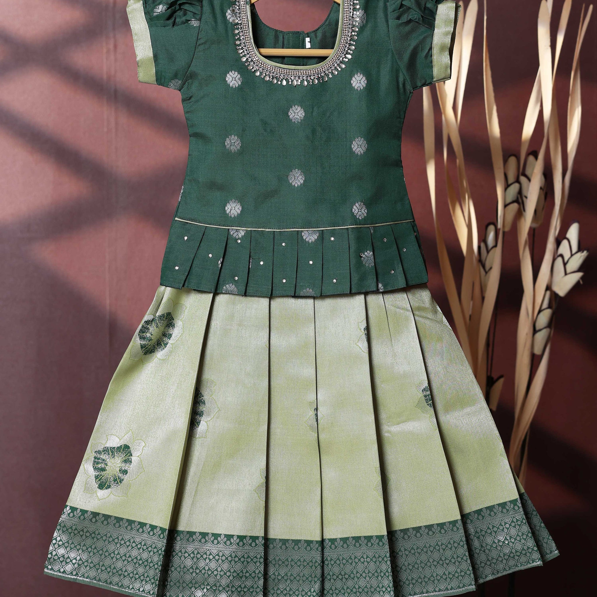 Traditional Pattu Pavadai Set With Zari Woven Skirt And Embroidered Blouse- Green