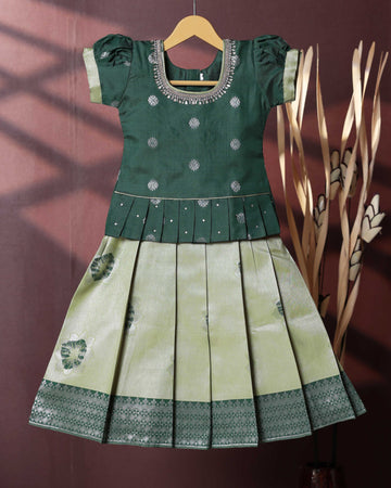 Traditional Pattu Pavadai Set With Zari Woven Skirt And Embroidered Blouse- Green