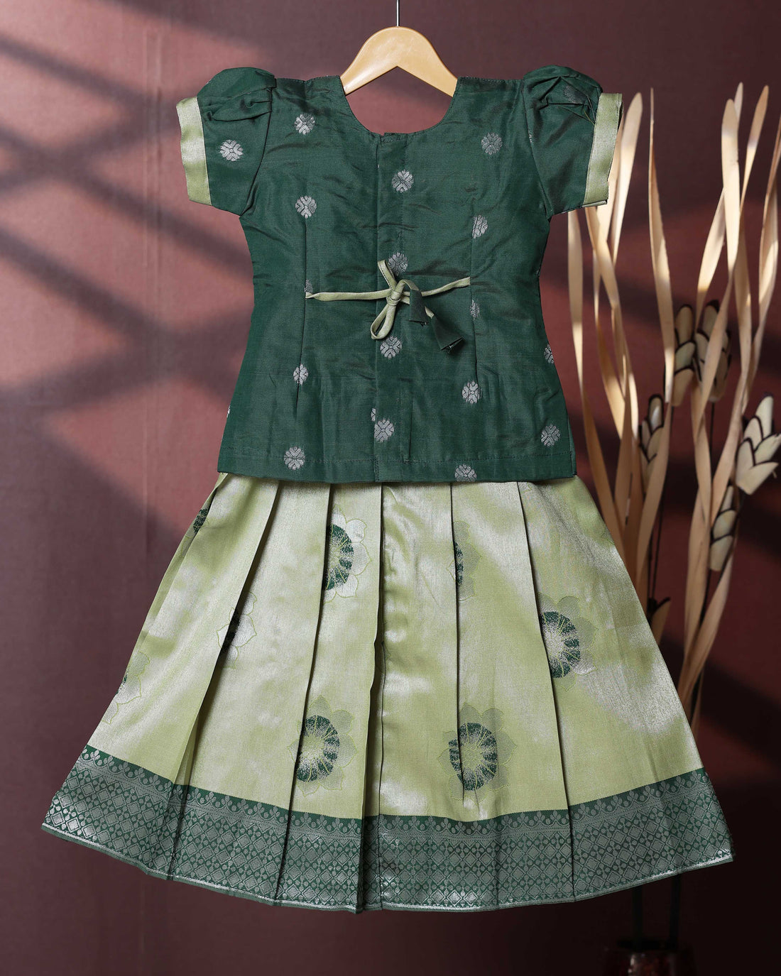 Traditional Pattu Pavadai Set With Zari Woven Skirt And Embroidered Blouse- Green