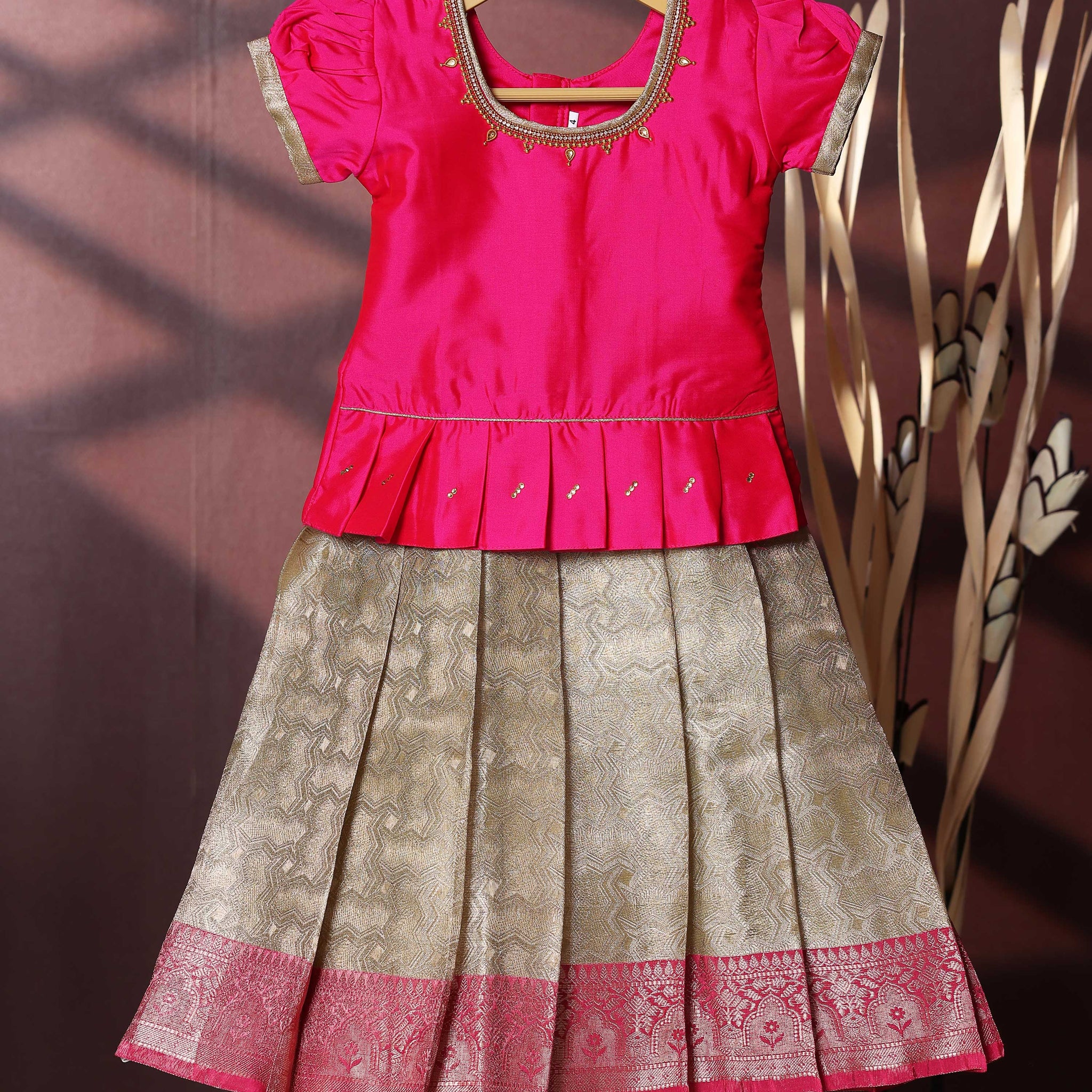Traditional Pattu Pavadai Set With Zari Woven Skirt And Embroidered Blouse - Pink