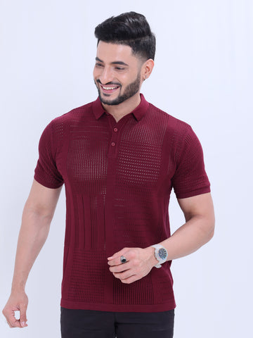 Men’s Half Sleeve Nativebull T-Shirt with Geometric Textured Knit - Maroon