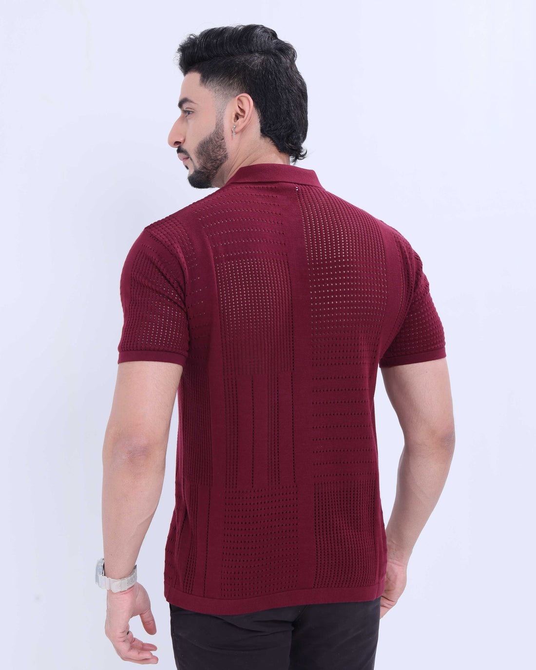 Men’s Half Sleeve Nativebull T-Shirt with Geometric Textured Knit - Maroon